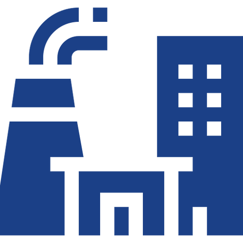 Factory icon in blue on black background.