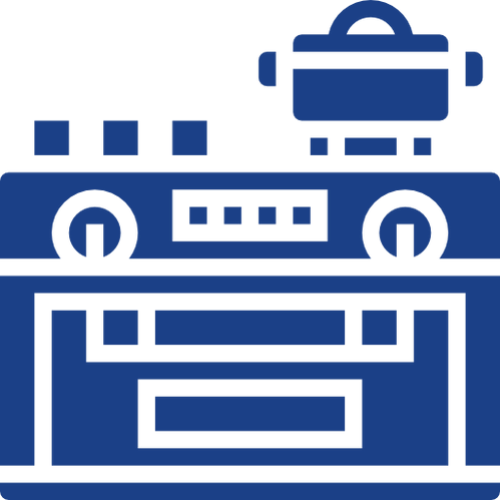 Kitchen stove with pot icon in blue.
