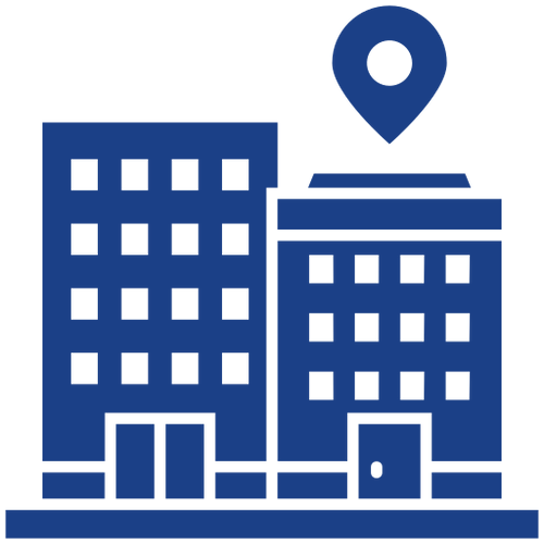 Blue buildings with location pin icon.