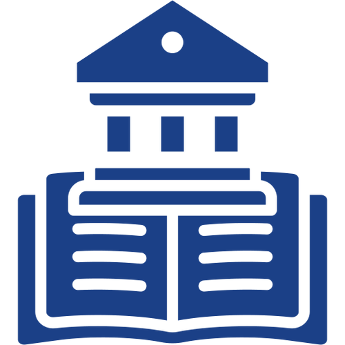 Icon of a building over an open book.