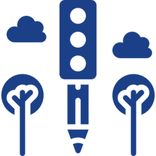 Pencil with trees, clouds, and traffic light.