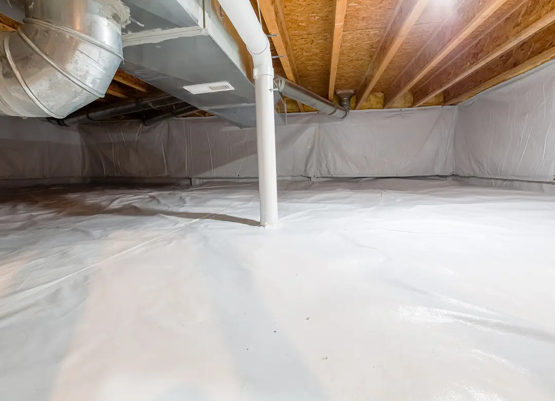 Sealed crawl space with exposed ceiling beams.