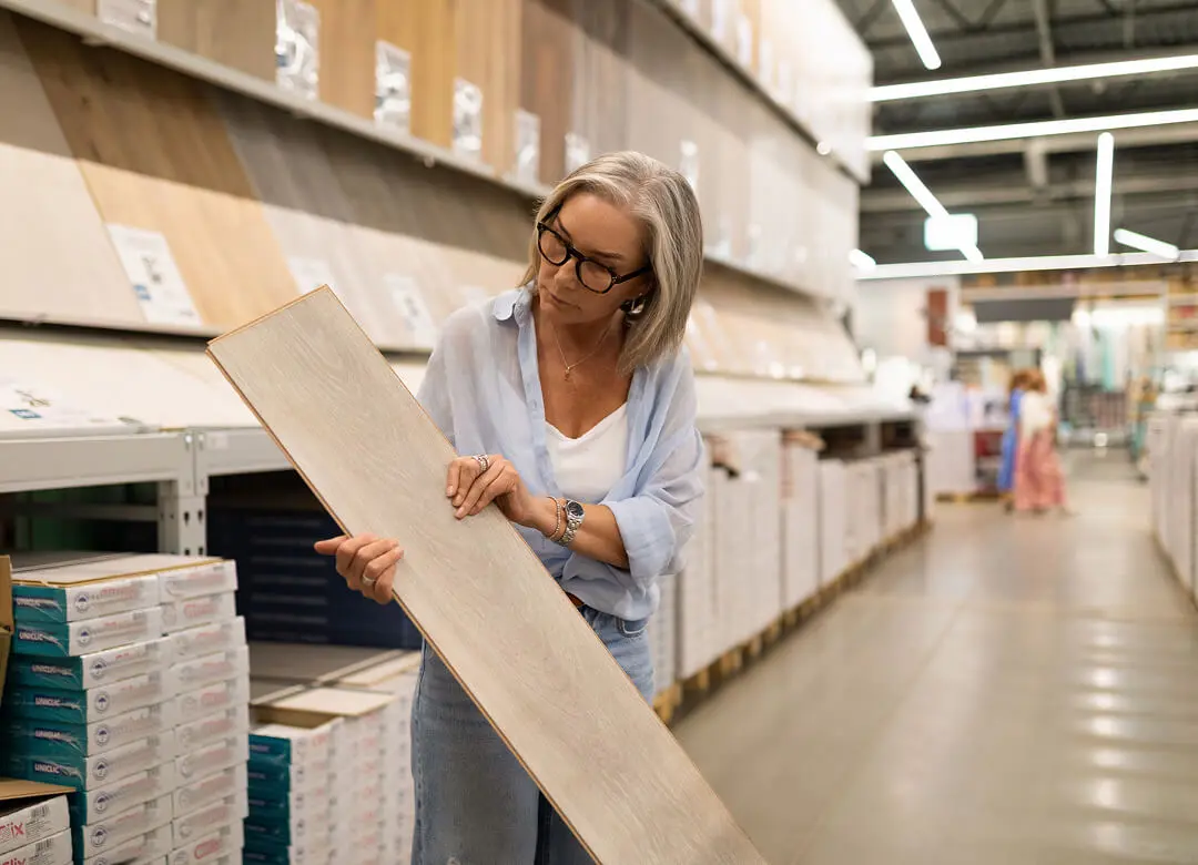 Woman examining a wooden plank in store.