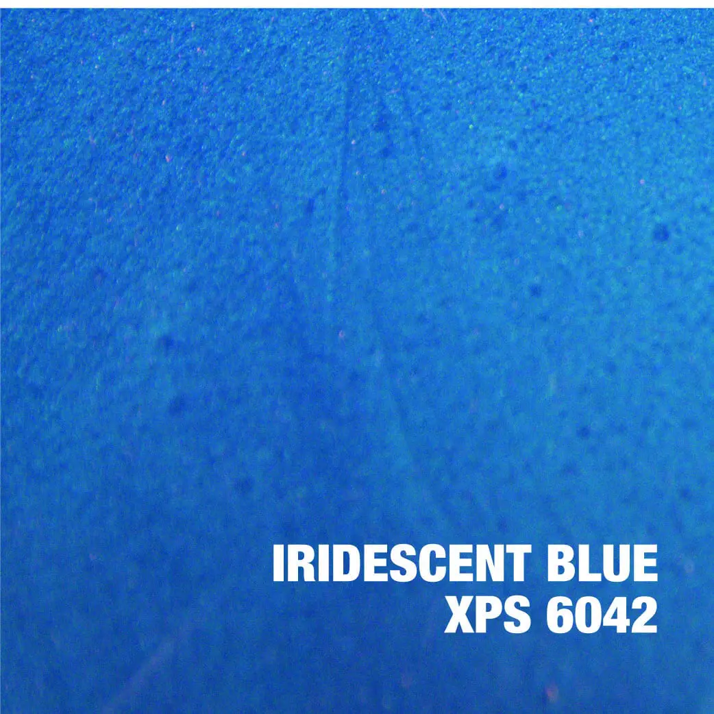 Iridescent blue texture with text overlay.