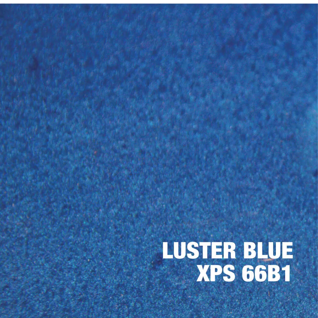 Textured blue surface with "Luster Blue" label.