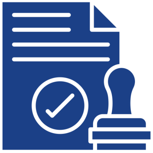 Document icon with checkmark and stamp.
