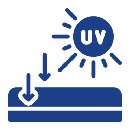 Blue UV-resistant surface icon with downward arrows